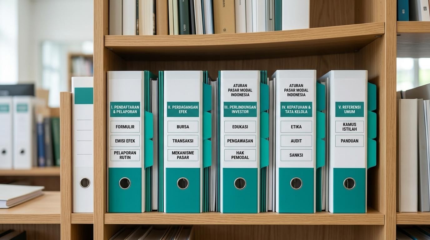 Dokumen regulasi tertata rapi pada rak referensi