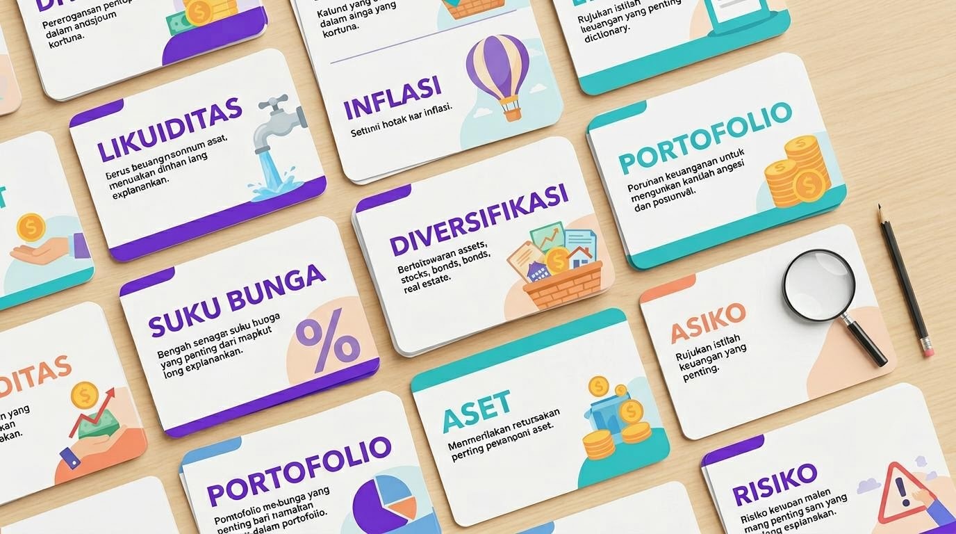 Kartu indeks istilah keuangan disusun seperti kamus mini berwarna.