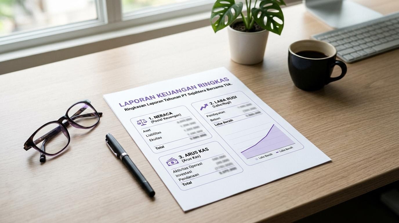 Lembar laporan keuangan ringkas dengan tabel dan grafik sederhana.
