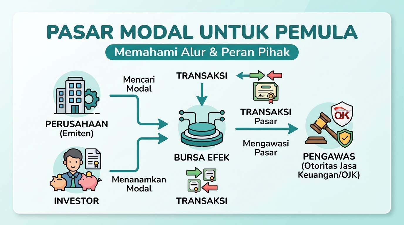 Ilustrasi papan informasi pasar modal yang ditata sederhana untuk pemula.