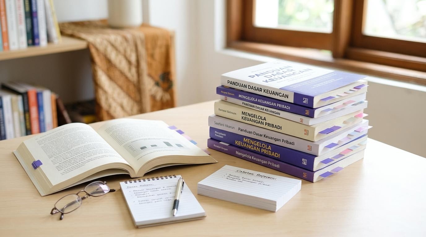 Susunan buku rujukan literasi keuangan dengan tab indeks berwarna.