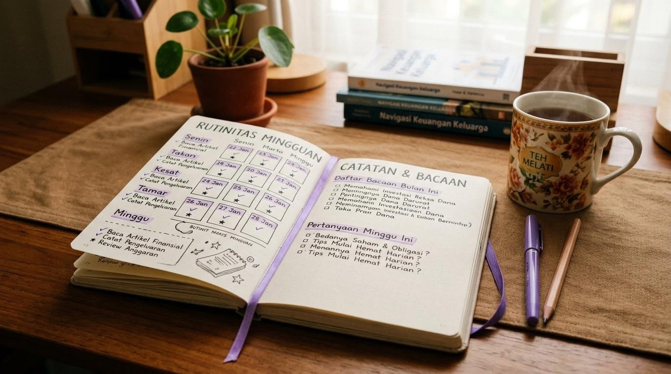 Jurnal kebiasaan untuk literasi keuangan dengan kalender dan catatan mingguan